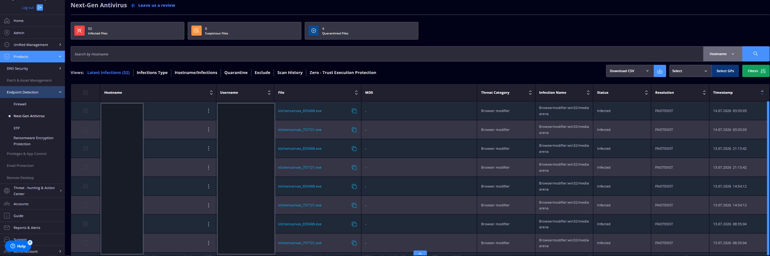 Heimdal Next-Gen Antivirus flagging fake recipe-app installers as BrowserModifier:Win32/MediaArena on an infected host, details redacted.