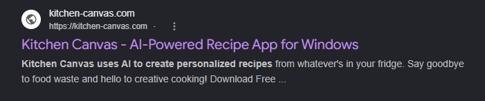 Paid search result for kitchen-canvas.com, a fake free AI recipe app for Windows used as a malvertising lure.