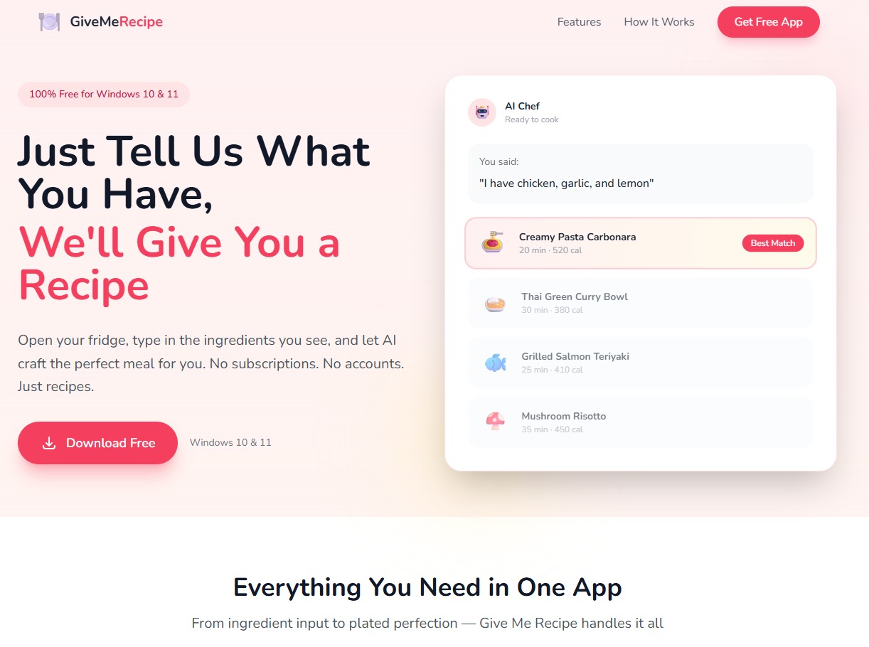 GiveMeRecipe landing page, a fake free AI recipe app for Windows delivering MediaArena adware.