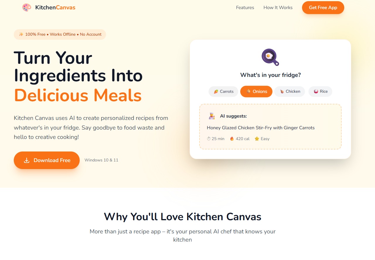 KitchenCanvas landing page, a fake free AI recipe app fronting the same MediaArena malvertising campaign.