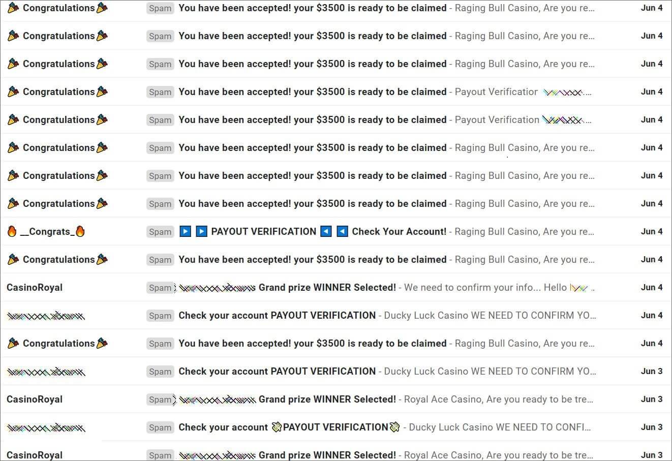 A constant stream of online casino spam