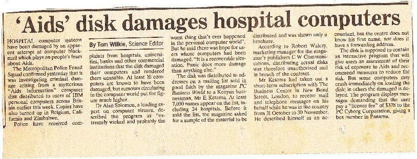 newspaper extract from 1989 about AIDS ransomware