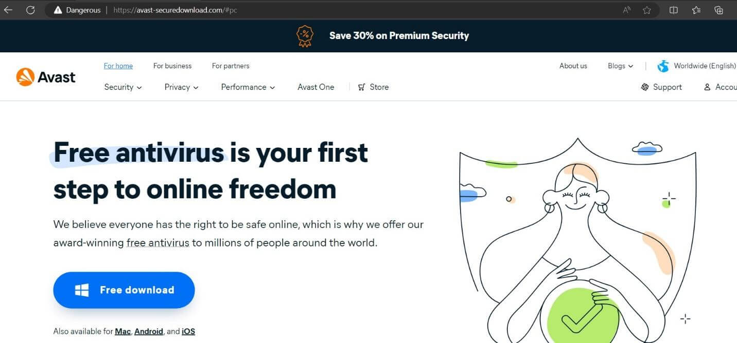 Screenshot of a fake antivirus website mimicking Avast. The website promotes a free antivirus download with the slogan 'Free antivirus is your first step to online freedom.' The URL in the address bar shows 'avast-securedownload.com' and is marked as dangerous.
