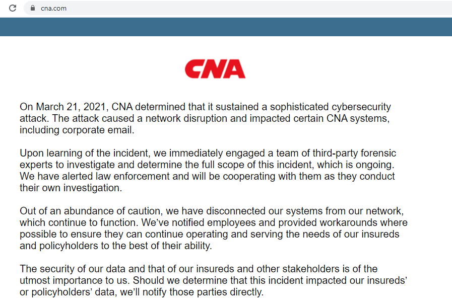 CNA notifying cyberattack