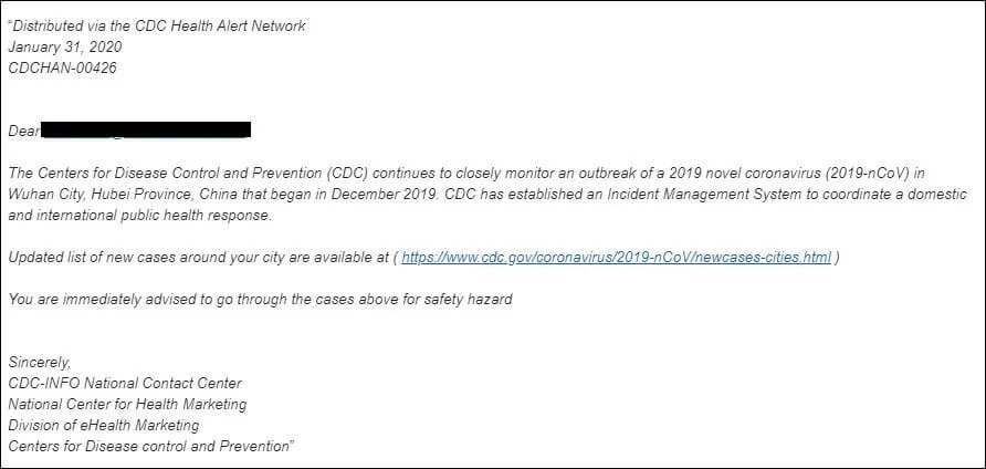 screenshot of corona virus phishing email