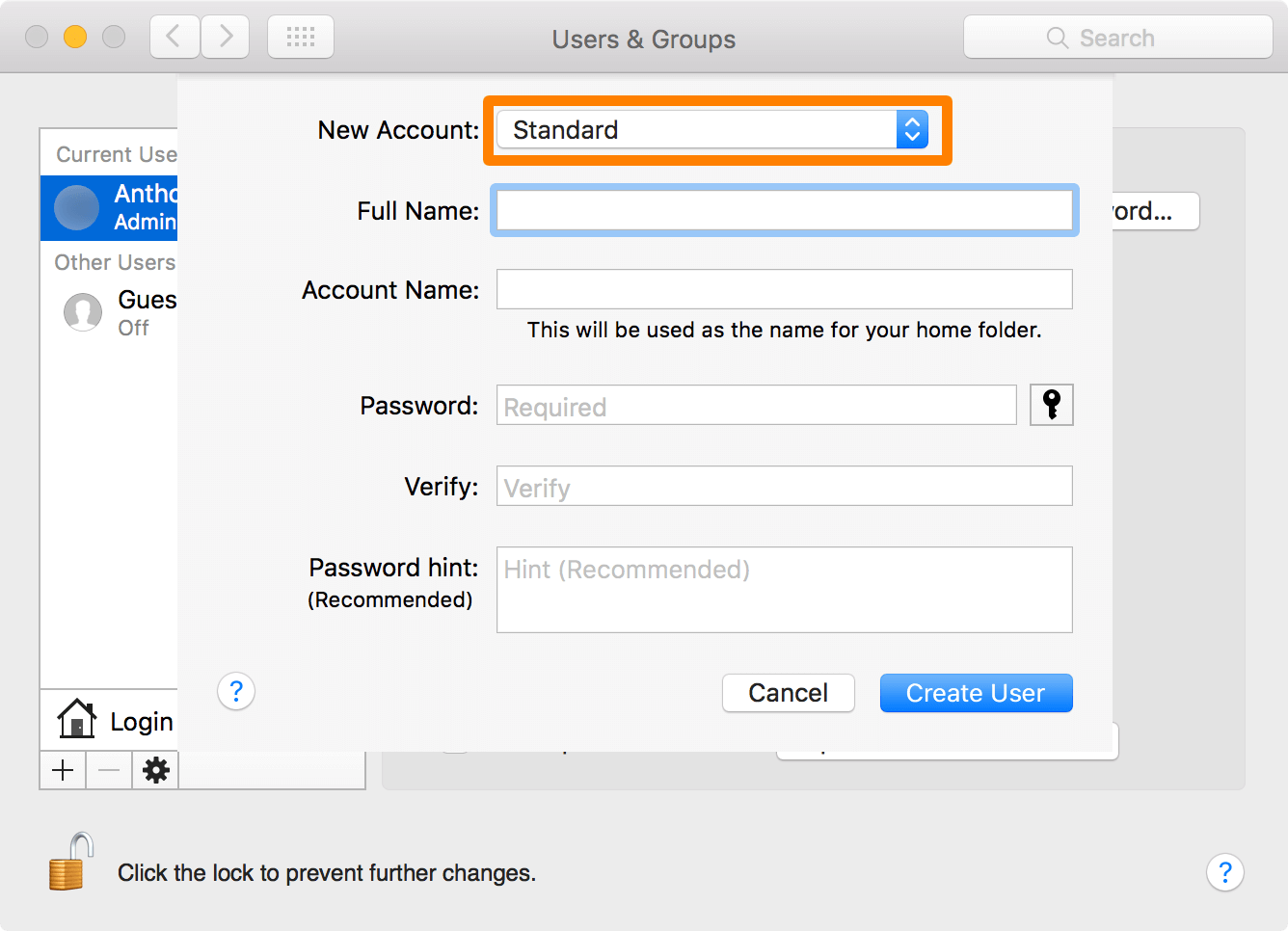 Create new Mac user - Users & Groups menu