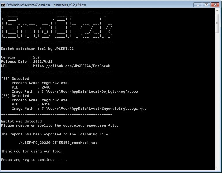 EmoCheck detecting the Emotet malware infection