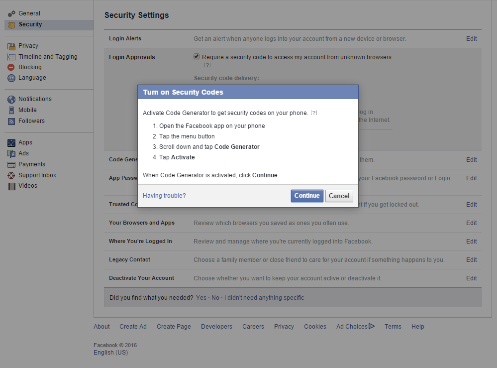 how to access code generator in facebook