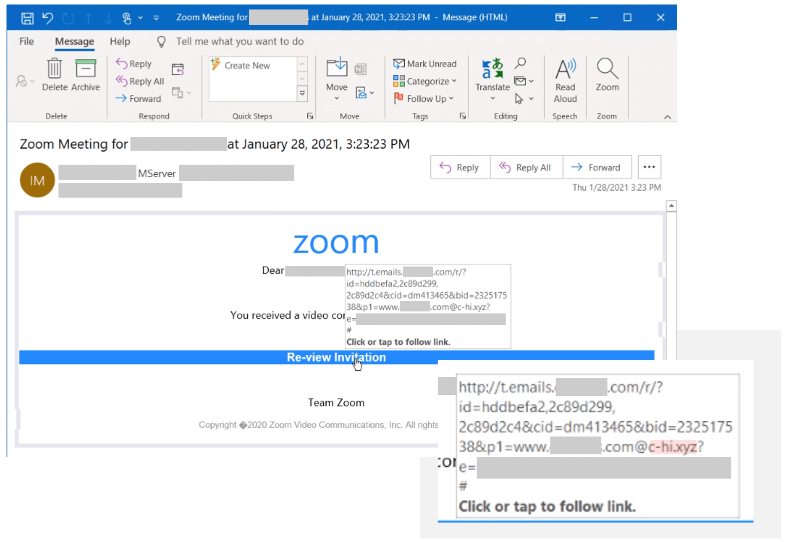 E-mail Zoom example in the open redirects phishing campaign