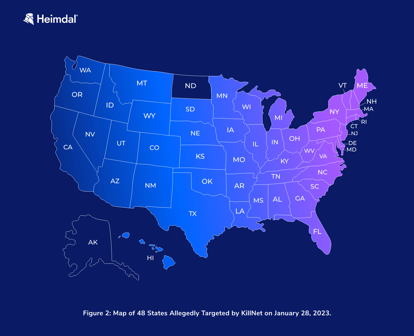Map of 48 U.S. States Allegedly Targeted by KillNet on January 28, 2023, blue background