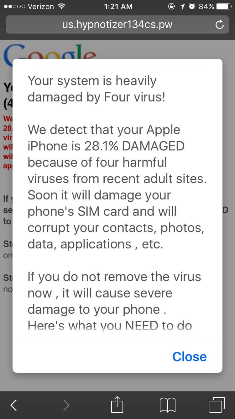 virus notification pop up scam