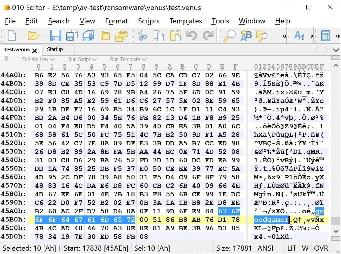Goodgamer file marker in an encrypted file