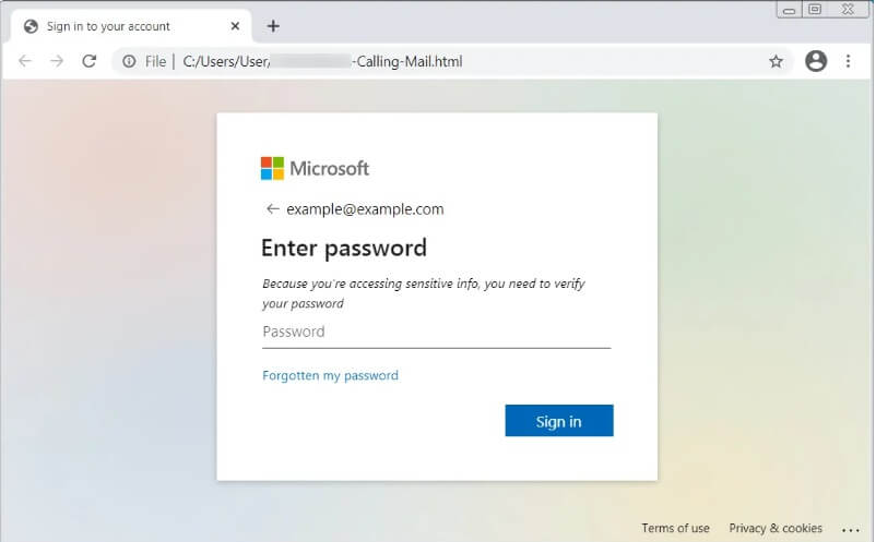 HTML phishing attachment impersonating a Microsoft login