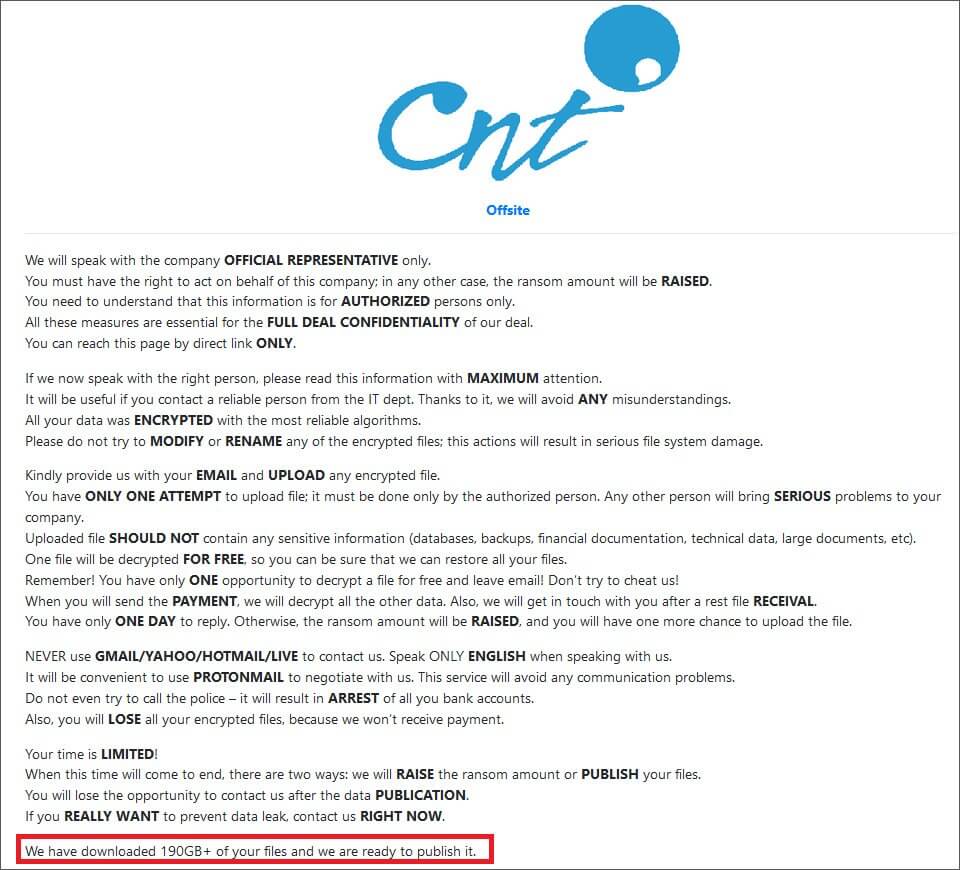Hidden RansomEXX data leak page for CNT