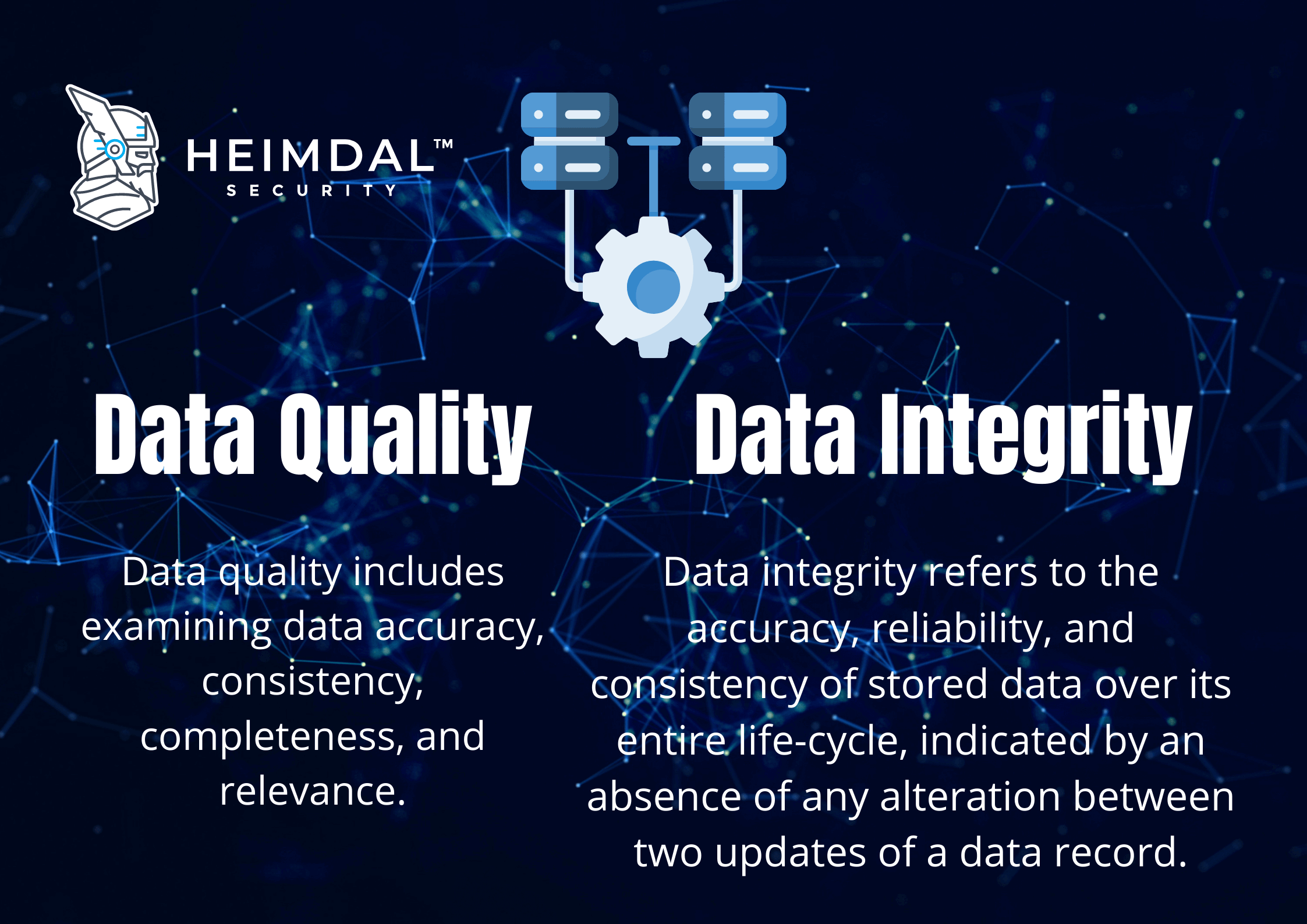  The image is a diagram that explains the difference between data quality and data integrity. Data quality refers to the accuracy, consistency, completeness, and relevance of data. Data integrity refers to the accuracy, reliability, and consistency of stored data over its entire lifecycle.