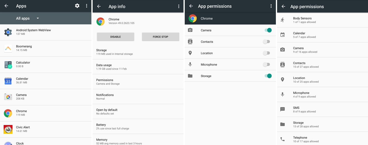 How to check apps permissions screenshot (Nexus)