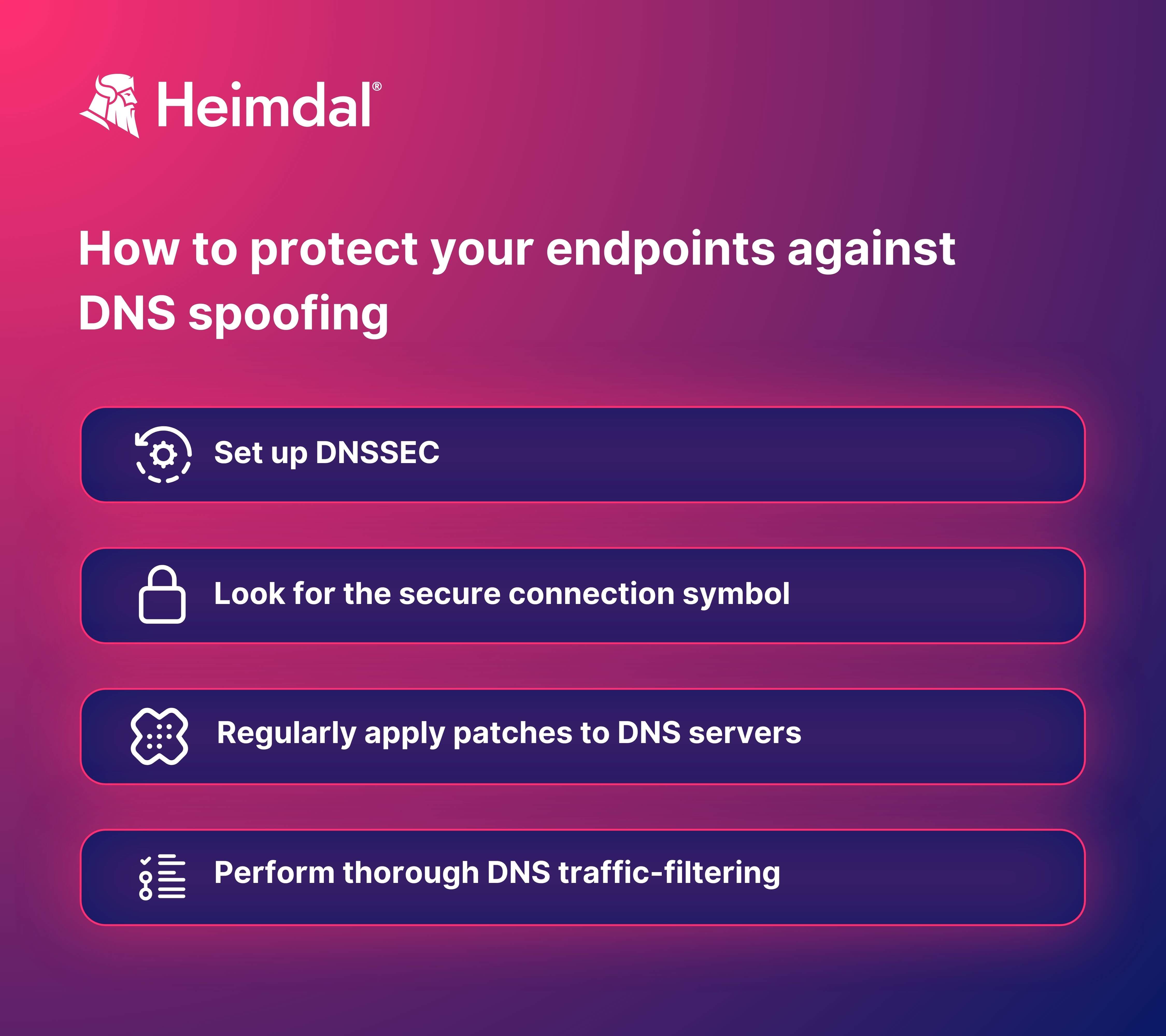 DNS spoofing infographic, fuchsia background with 4 steps