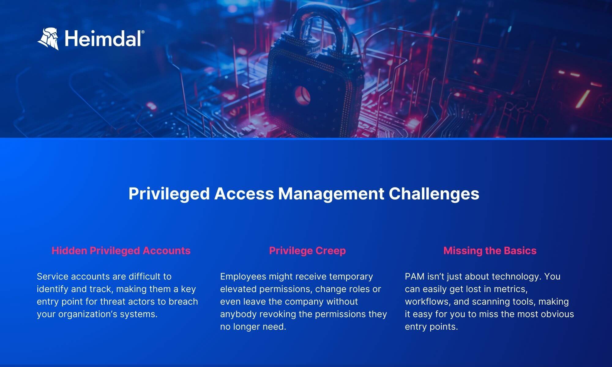 Cybersecurity infographic presenting the main challenges associated with privileged access management