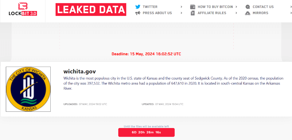 a screenshot of a webpage from the LockBit 3.0 website displaying leaked data.The webpage indicates a ransom deadline of "15 May, 2024 16:02:52 UTC" for the City of Wichita