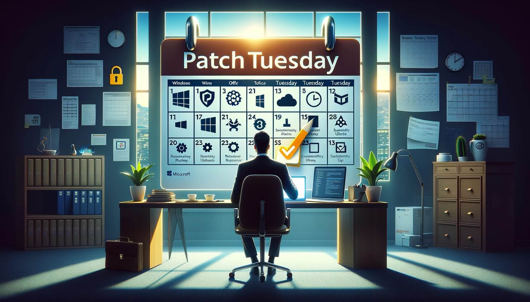 Man sitting on a desk which has a giant patch tuesday calendar on it