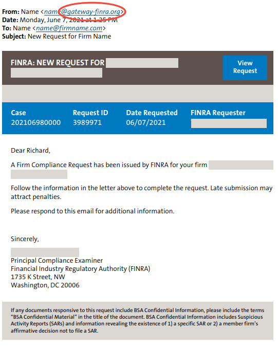 Penalty threats phishing email sample (FINRA)