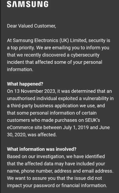 Samsung Alert Data breach UK screenshot