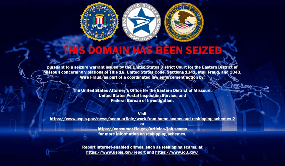 Seizure notice FBI reshipping schemes