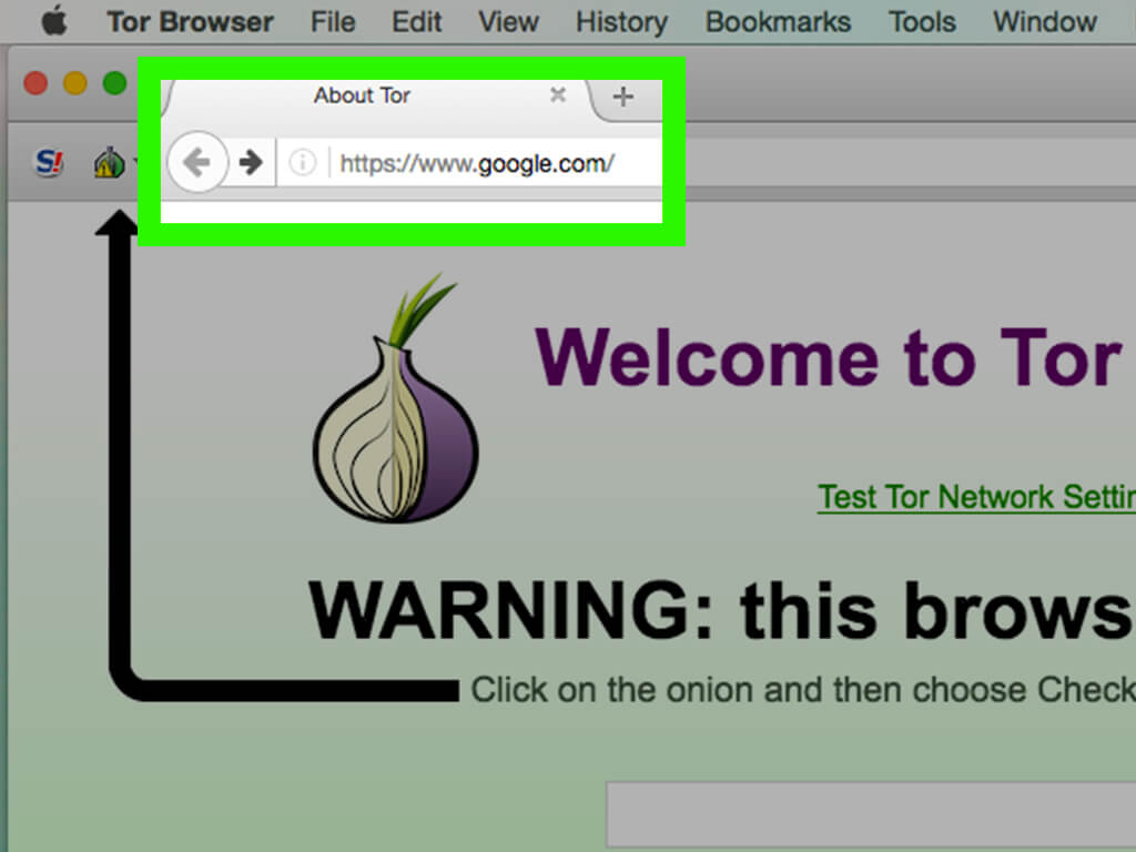 The Tor Onion browser with a green box highlighting the url box, which shows Google.com