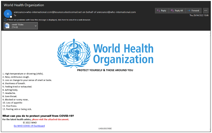 The emails sent to the victims are allegedly coming from the World Health Organization (WHO) with important information concerning COVID-19.