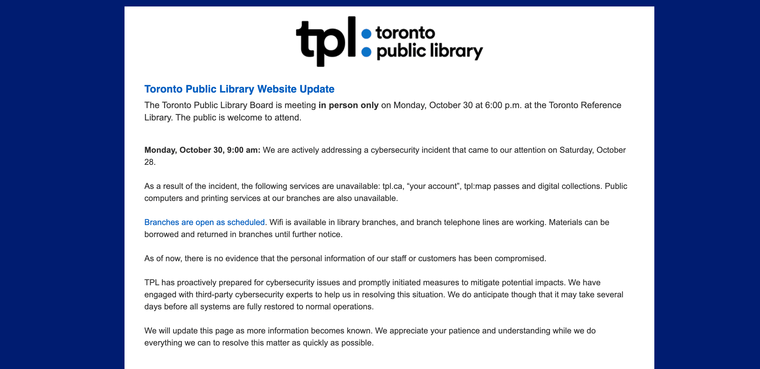 toronto public library website down