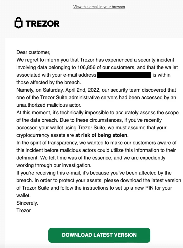 Trezor fake notification in MailChimp Data Breach image