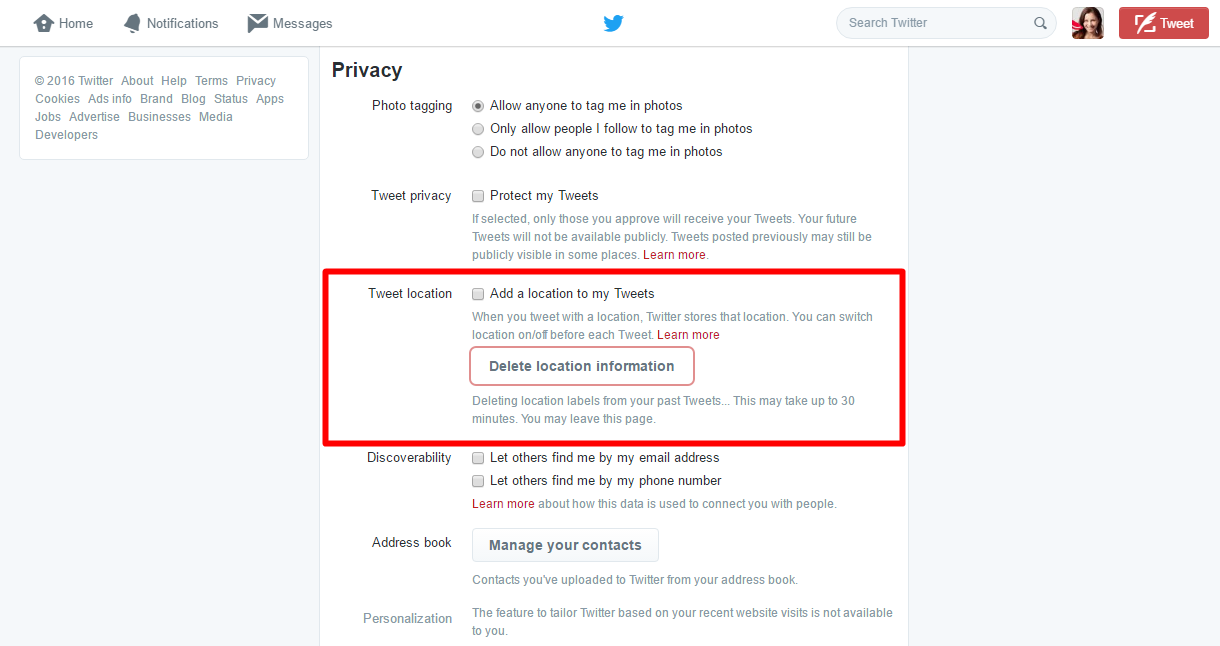Twitter settings - Location information & delete