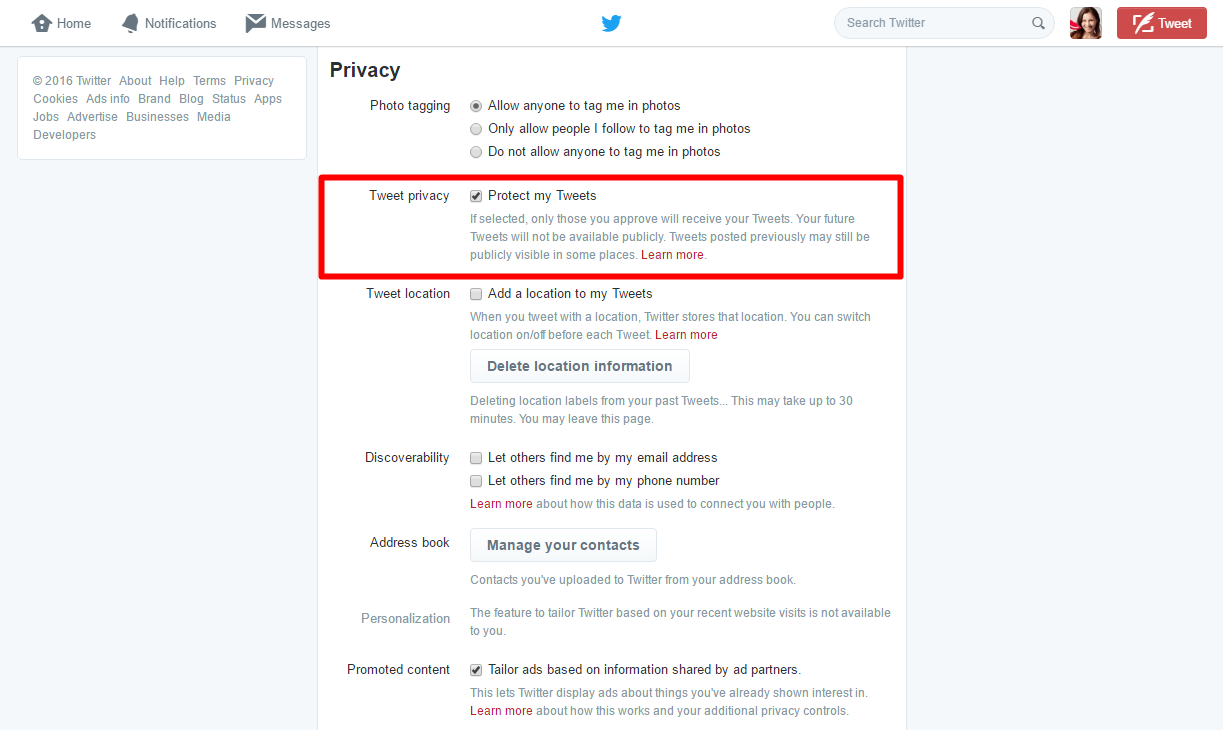 Twitter settings - Protect Tweets