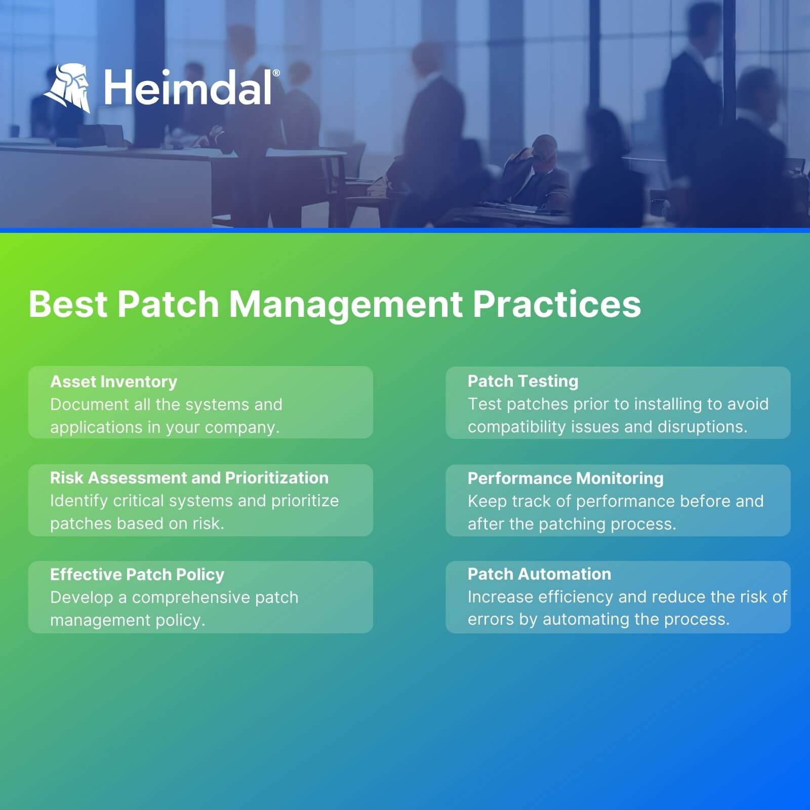 blue and green cybersecurity infographic featuring the best practices for patch management you can implement