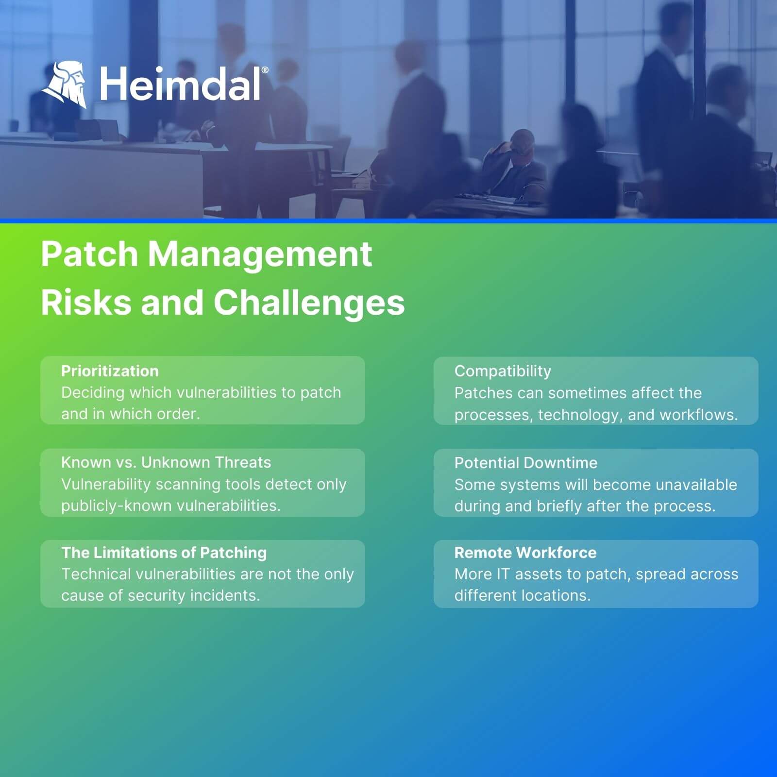 blue and green cybersecurity infographic showcasing what are the most important challenges and risks associated with the process of patch management 