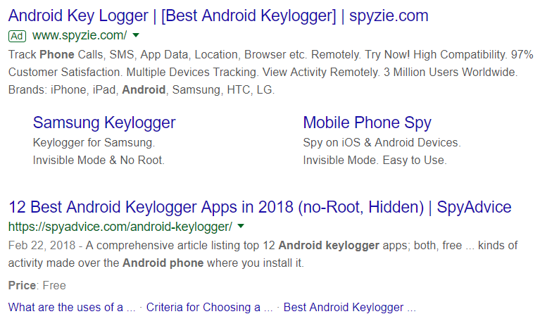 android keylogger advertised on google