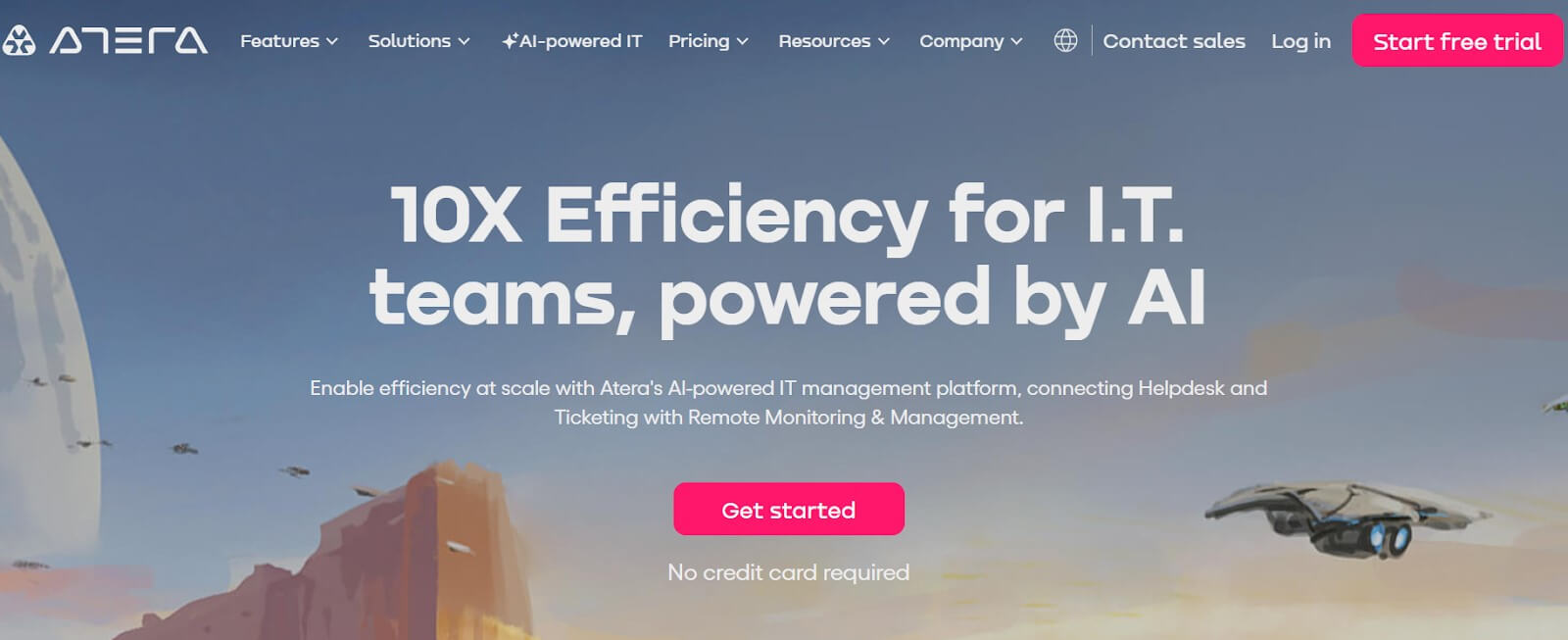 Homepage of Atera with headline 10X Efficiency for I.T. teams, powered by AI, featuring a sci-fi themed background.