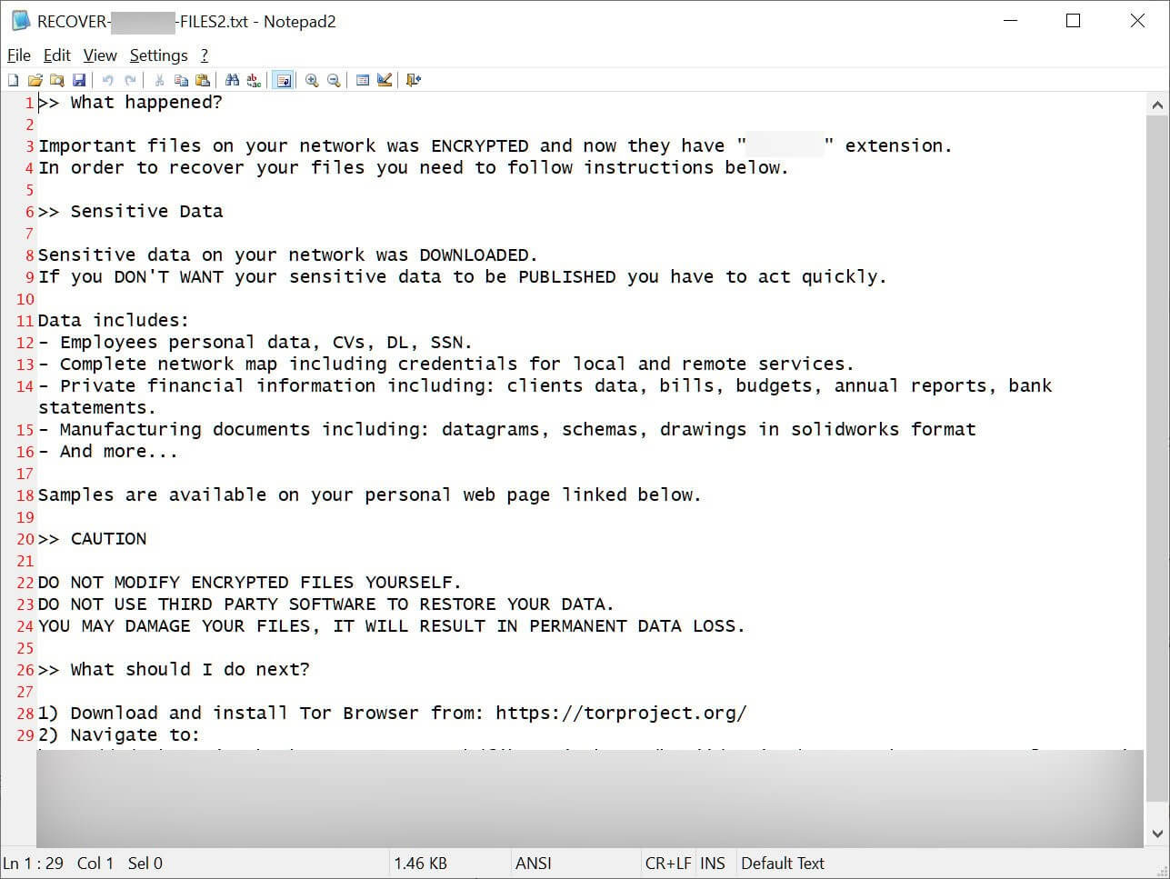 ransomware note used by the blackcat/alphv threat group 