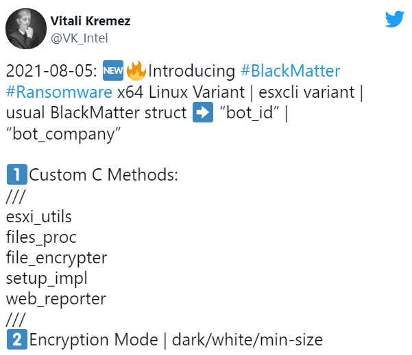 Twiiter post Linux BlackMatter Ransomware Variant