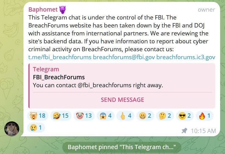 Telegram Alert - BreachForums Administrator Arrested