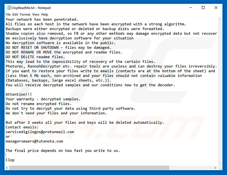 Message encouraging Clop ransomware victims to pay a ransom to decrypt their compromised data 