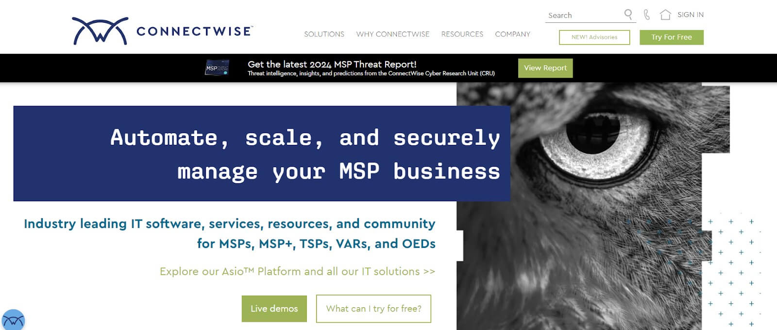 ConnectWise homepage promoting automation of MSP business with a striking eye illustration and a blue-themed banner.