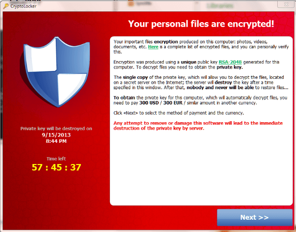 crypto virus example - cryptolocker message 