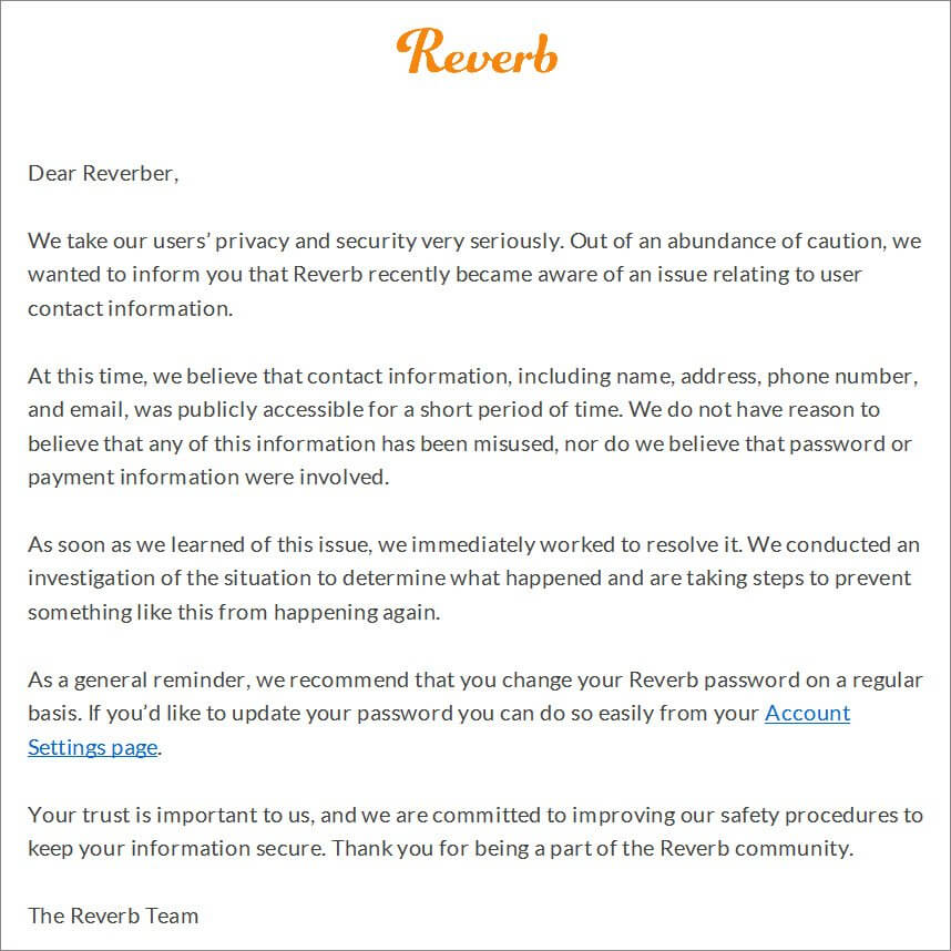 Reverb security breach notification screenshot heimdal security