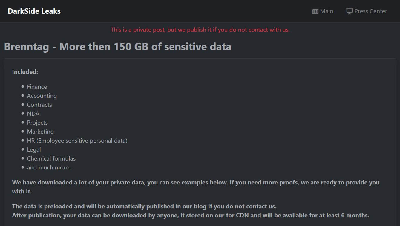 Private data leak page sent to Brenntag