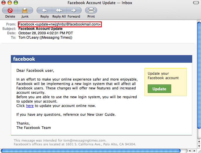 Montgomery County Office of Consumer Protection - This is what a Facebook  phishing email looks like. Note the fake sender email address when you  click on the sender.