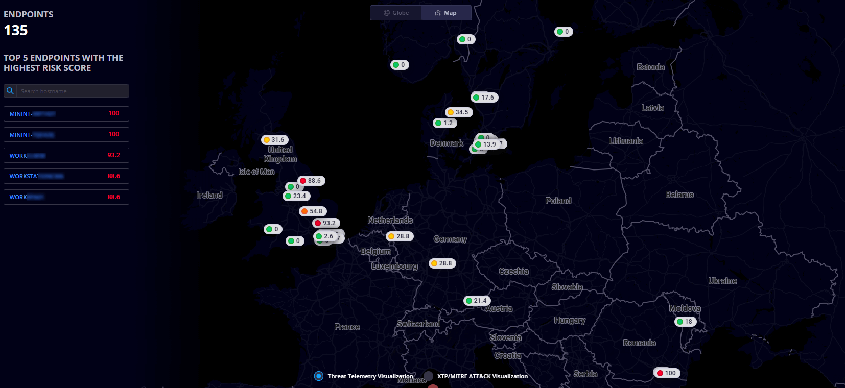 Screenshot of a dashboard showing a labeled map of Europe.