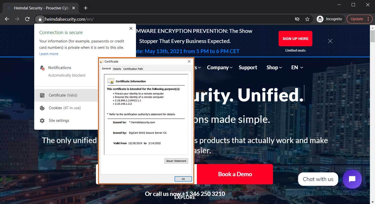 SSL encryption example from the Heimdal Security website