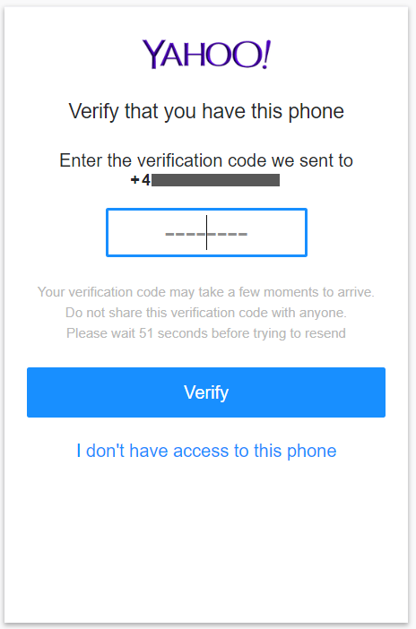 Yahoo enter verification code
