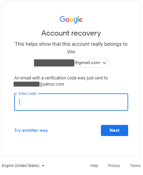 Google account recovery enter verification code